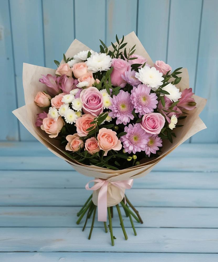 Букет цветов из: Хризантемы, Розы и Альстромерии в Сямже
