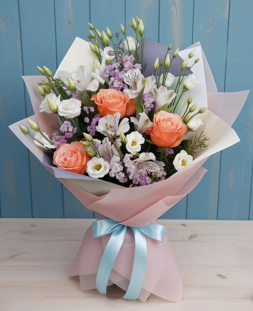 Букет цветов из: Лизиантусы, Розы, Альстромерии и Гипсофила в Сямже