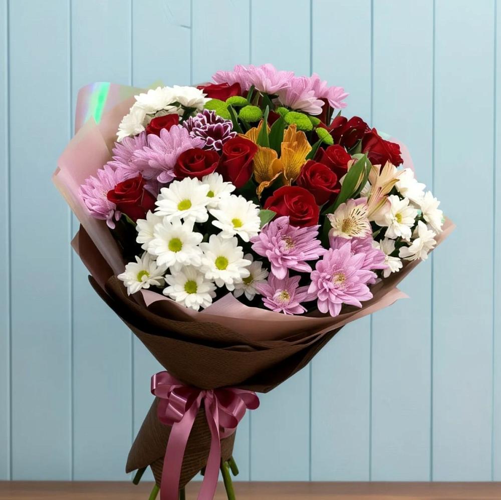 Букет цветов из: Розы, Хризантемы и Альстромерии в Сямже